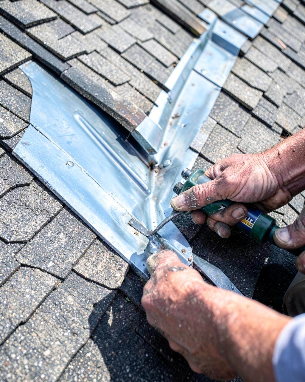 Roofer inspecting and sealing metal flashing in a roof valley