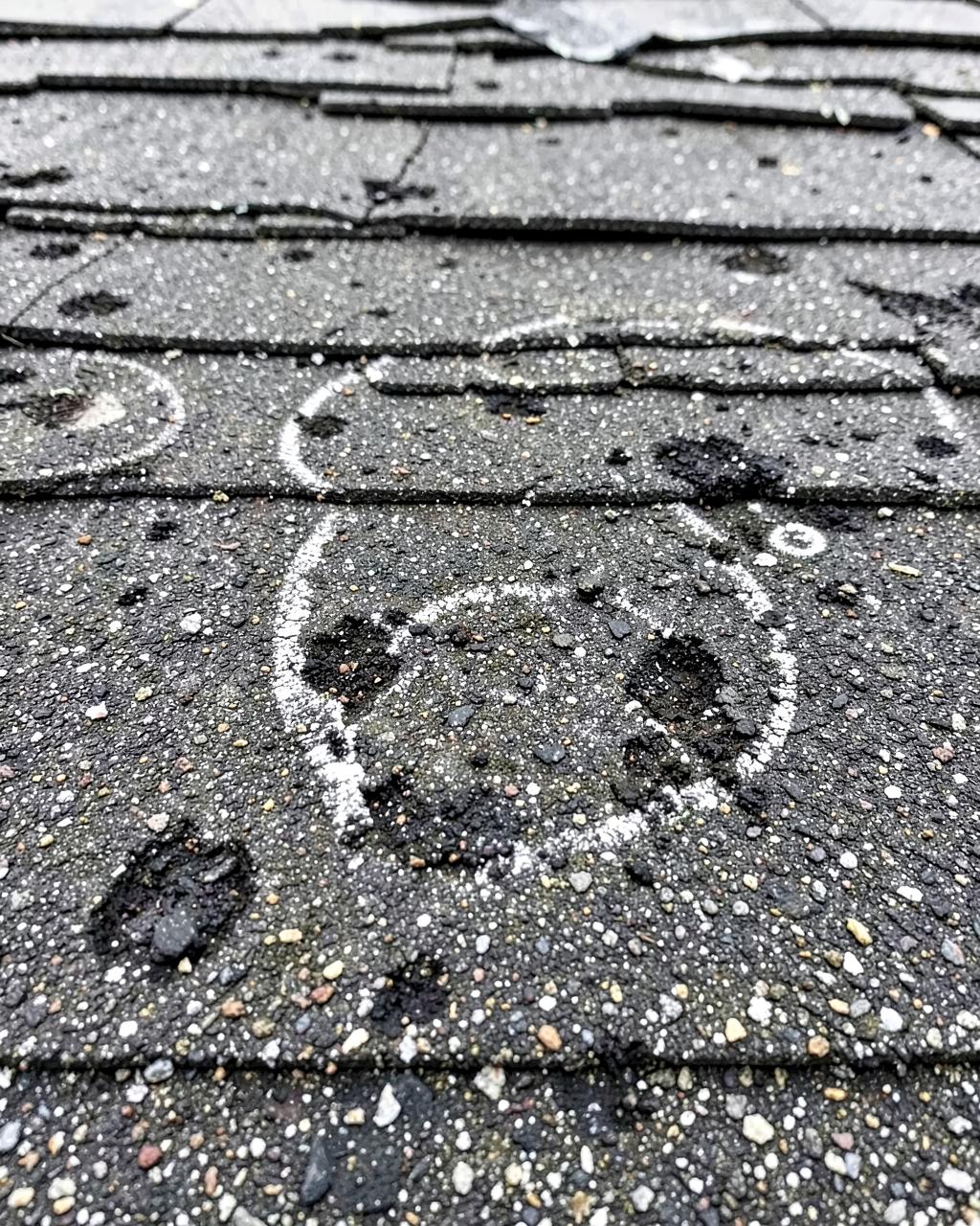 Close-up of hail-damaged asphalt shingles marked with inspection chalk